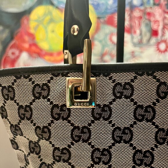 Authentic Gucci Black and Brown GG Canvas Tote with Black Leather Handles - Picture 3 of 16